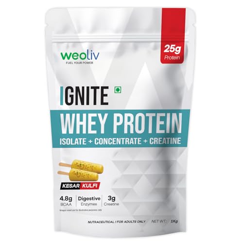 Image of Ignite Whey Protein Powder 1kg | 25g Protein + 3g Creatine Per Serving | Blend of Whey Isolate & Concentrate | 5X Digestive Enzymes | Low Carb, Fast Absorbing | NABL Lab Tested | Kesar Kulfi