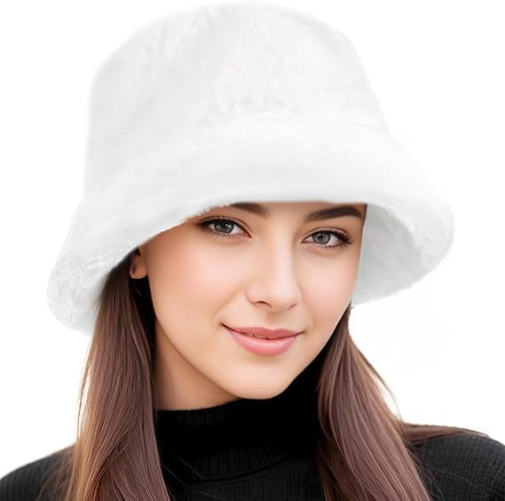 BFONS Faux Fur Winter Bucket Hats for Woman Men Fuzzy Warm Hat Women's Furry Fisherman Cap for Casual, Trips, Sports, Skiing, L, White