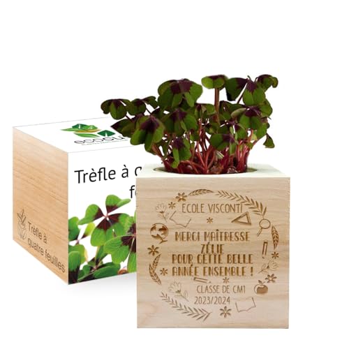 EcoCube à graver - Remerciement fin d'année scolaire - 100% Eco Friendly - Trèfle à 4 feuilles