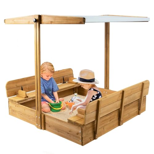 Kids Sand Box with Cover,Outdoor Wood SandBoxes with Lid,Outdoor Sand Box for Kids Aged 2-8 -Waterproof and Sun Protection and Adjustable Height Canopy,Safety Rounded Edges, 2 Foldable Bench Seats