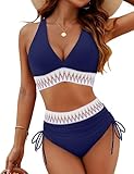 Blooming Jelly Women High Waisted Bikini Sets Tummy Control Swimsuits Color Block Two Piece Drawstring Bathing Suit