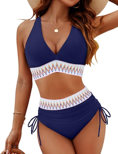 Image of Blooming Jelly Women High Waisted Bikini Sets Tummy Control Swimsuits Color Block Two Piece Drawstring Bathing Suit