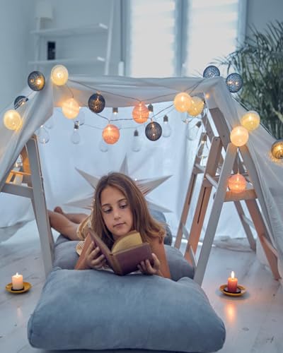 Traumheim Ciskotu lichterkette Innen mit Stecker, 3.8M Lichterkette Lampions 20 LEDs,Lichterkette Cotton Ball Kugeln für Kinderzimmer Weihnachten Party Garten Terrasse (Mehrfarbig)