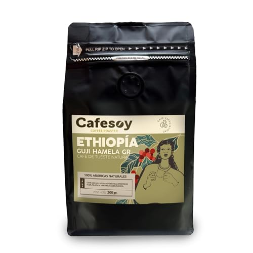 CAFESOY Café en Grano Etiopia 200 g | Cafe de especialidad origen Etipoia | 100% Arábica | Tueste Natural Artesanal | Cultivo Sostenible