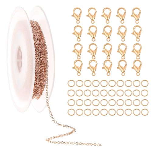 Cadena de eslabones de 10 m, venta por metros, cadena de eslabones de oro rosa, accesorios para la fabricación de joyas, kit con 20 cierres de mosquetón, 40 anillos de flexión, juego para hacer joyas