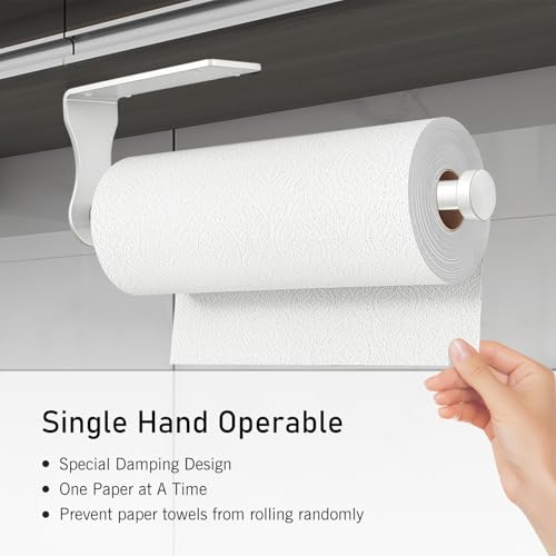Image of SetSail Paper Towel Holder, Paper Towel Holder Under Cabinet with Adjustable Damper Easy Tear Wall Mount Self-Adhesive or Drilled for Kitchen Bathroom, White