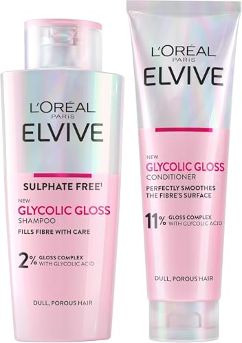 L'Oréal Paris Elvive Glycolic Gloss for Dull Porous Hair, Get The Shiniest Hair of Your Life, Glossing Routine for Mirror-Like Shine, Shampoo, Conditioner, Lamination Treatment, Leave-In Serum Set