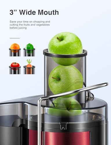 Juicer Machine, 800W Centrifugal Juicer Extractor with Wide Mouth 3” Feed Chute for Fruit Vegetable, Easy to Clean, Stainless Steel, BPA-free (Metallic Red)