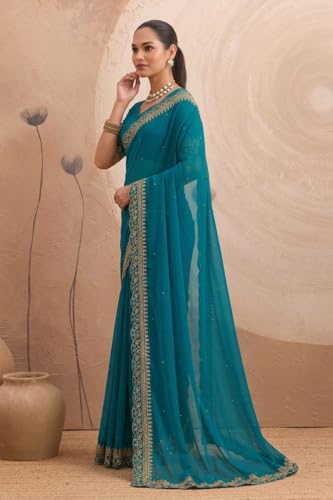 Image of Women's Georgette Embroidery Border Beads work Saree with Blouse Piece
