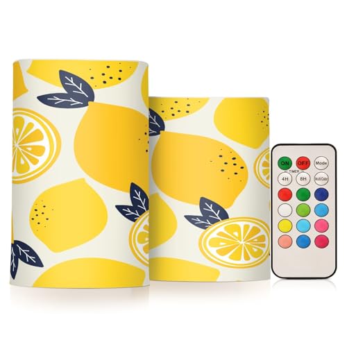 OWFKAY Velas parpadeantes sin llama, amarillo limón, cítrico limón, juego de 2 velas LED sin llama que funcionan con pilas, velas falsas con control remoto de 18 teclas