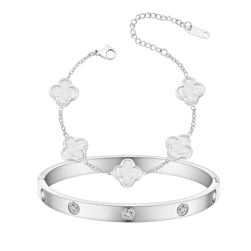 Women's Bracelet Gold Plated Cuff Bangle Clover Bracelet Set for Women Four Leaf Lucky Bracelets Jewelry oval Bangle Witness the Gift of Love