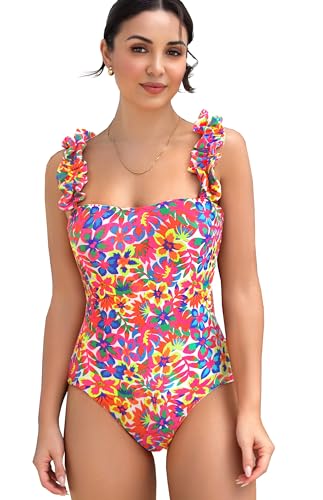 SPORLIKE One Piece Swimsuit Women Ruffle Adjustable Straps Bathing Suit Padded Swimwear(Cute Floral,Small)