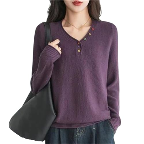 Women's Fall-Winter 100% Solid Cotton Sweater Casual Knitted V-Neck Pullover