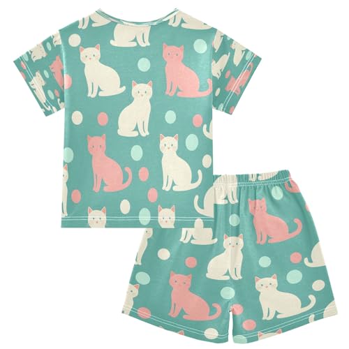 senya Color Cat on Green Dot Summer Pajamas Set Short Cotton Sleepwear 2 Piece2
