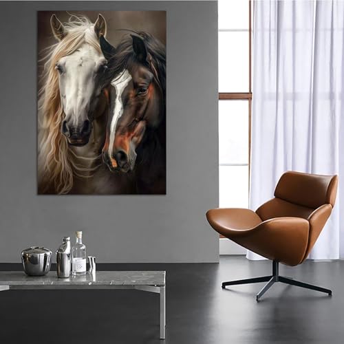 Cuadros decorativos en lienzo con retrato abstracto de dos caballos y marco blanco de lujo 4