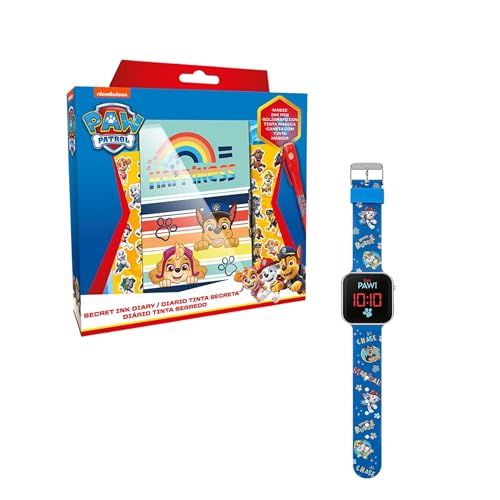 Paw Patrol Juego de Papelería y Reloj, Incluye Diario Secreto Boligrafo Pegatinas Candado con Llaves y Reloj Digital, Regalo para Niños