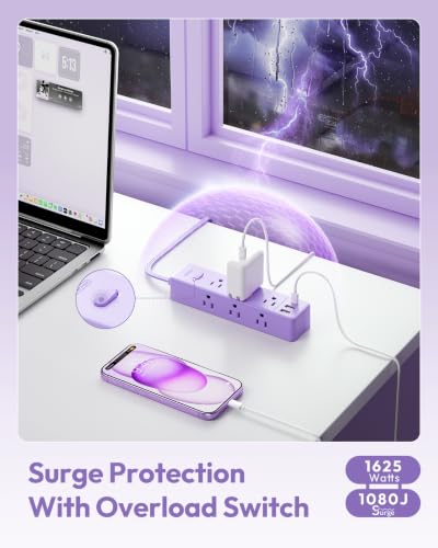 NTONPOWER Purple Power Strip Protector de Sobretensión Extensión 5FT, 9 Tomas y 3 USB (1 USB C), Montable, 1080J, Accesorios de Escritorio para Hogar y Oficina miniatura 4