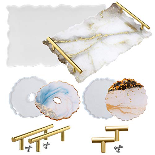 ZYNERY Resin Tray Mold/Silicone Tray Molds for Resin/Rolling Tray Mold/Agate Platter Molds/DIY and 2 Coaster Molds for Resin Casting DIY with 4pcs Handles, for Jewelry Tray Serving Board (2pcs,Gold)