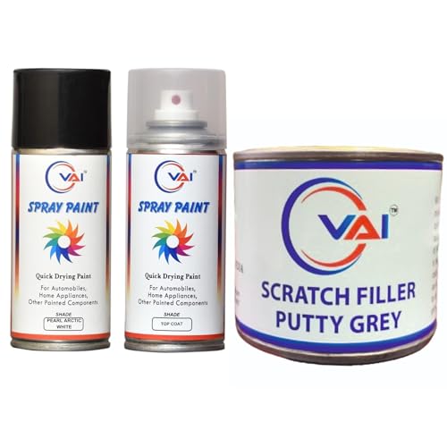 Image of VAI Touch Up Spray Paint Compatible for Maruti Suzuki Pearl Arctic White Base Coat & Top Coat - 450 ml with Scratch Filler Putty Grey 200 Gms for Car, Bike with 1 Putty Knife and 320 Grit