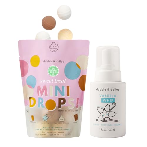 Image of Dabble & Dollop Sweet Treat Mini Bath Bombs + Vanilla 3-in-1 Shampoo, Body Wash and Bubble Bath for Kids - Toddler & Kids Bath Set, No Synthetic Dyes, Vegan, Gluten-Free, Cruelty-Free (Pack of 2)