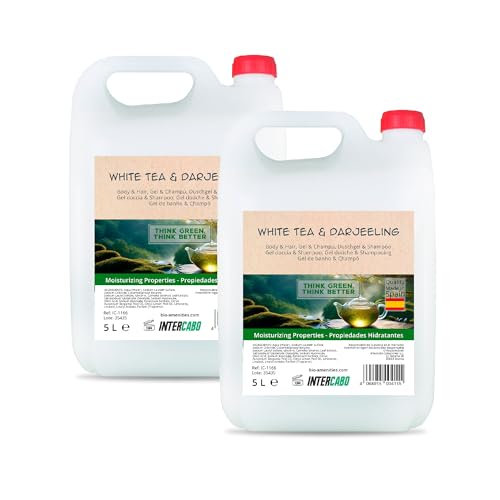 Pack 2 garrafas gel y champú 2 en 1 Té Blanco y Darjeeling 5 litros - total 10 litros - fórmula pH neutro para piel y cabello - uso frecuente en hoteles, gimnasios, colegios y alojamientos - Intercabo