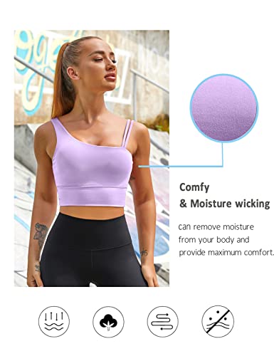 Image of MELYUM Longline Sports Bras for Women One Shoulder Workout Tank Tops with Built in Bra Supportive Crop Yoga Top Padded