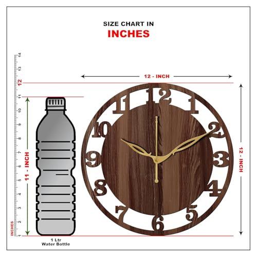 Image of SKYVILLA 12 Inch Wooden MDF Analog Wall Clock Brown | English Numerals, Silent Quartz Movement, Lightweight, Without Glass Design