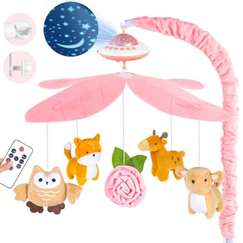Image of Playix Baby Crib Mobile with Music and Lights, Nursery Baby Mobile for Crib Bassinet with Remote Control, Rotation, Starlight Projection, Crib Toys for Babies Boys Girls Pink