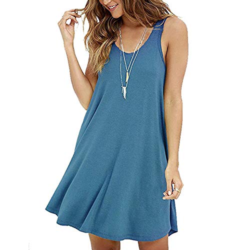 UQGHQO Summer Dress for Women,Women Casual Crew Neck Ruched Sleeveless Tank Bodycon 2021 Shirt Short Mini Dresses Blue