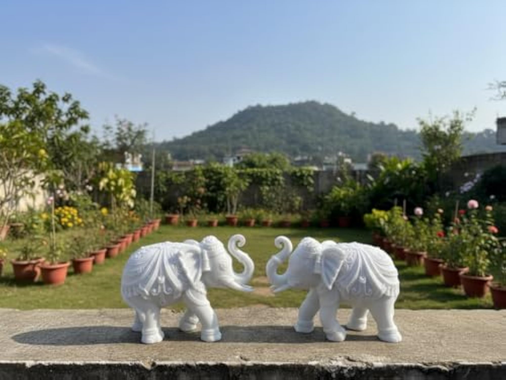 White Marble Dust Trunk Up Elephant Statue Pair for Home Decor