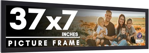 37x7 Frame Black Picture Frame - Complete Modern Photo Frame Includes UV Acrylic Shatter Guard Front, Acid Free Foam Backing Board, Hanging Hardware Wood Wall Frames for Family Photos - no Mat