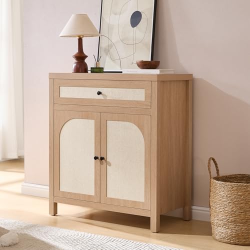 30'' Accent Cabinet with Storage, Rattan Sideboard Buffet Cabinet with Doors Drawers and Adjustable Shelves, Farmhouse Credenza Wood Coffee Bar Cabinets for Living Room Kitchen Entryway, Natural
