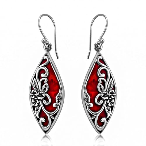 Red Coral Dangle Earrings for Women in 925 Sterling Silver - Dangling Drop Coral Earrings Handmade Birthstone Vintage Boho Jewelry Birthday Gifts for Women