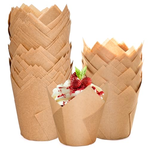 200pcs Natural Tulip Cupcake Liners, Premium Muffin Liners Holders for Baking Cups, Greaseproof Cupcake Wrappers in Standard Size, Classic Parchment Paper Cupcakes Liner by JIRNGLA