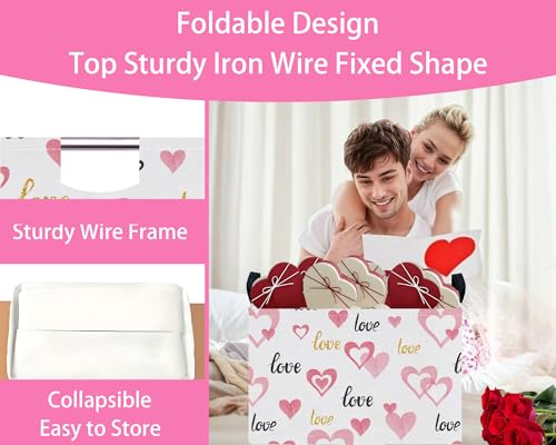 Image of Valentines Day Basket for Kids Heart Shaped Empty Storage Bins for Gifts with Handles Room Decor (Pink Double Love Golden LOVE)