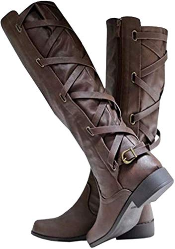 Womens Lace Up Knee High Boots Motorcycle Riding Flat Low Heels Strappy Winter Boots #TOP2