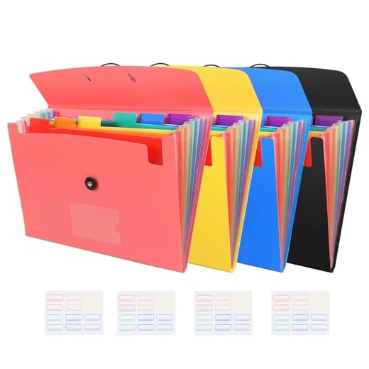4 Pack 7-Pocket Expanding File, Plastic Expandable File Folder with Pockets, A4/Letter Size Accordion Organizer Folder, for School and Office Supplies - Black&Blue&Pink&Yellow
