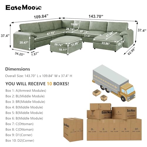 Image of EASE MOOSE Faux Leather Sectional Couch with Ottoman, Oversized Modular Sofa, Vintage Comfy Modular Couch, Scratch Resistant Material Sofas, U Shaped Couch for Living Room, Green