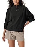 ODODOS Women's Purevibe Cotton Half-Zip Pullover Funnel Neck Sweatshirts Long Sleeve Tops, Black, Medium