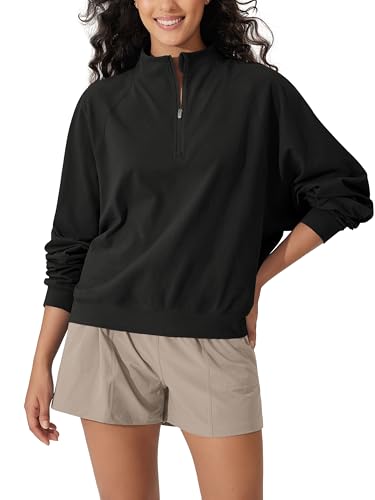 ODODOS Women's Purevibe Cotton Half-Zip Pullover Funnel Neck Sweatshirts Long Sleeve Tops, Black, Medium
