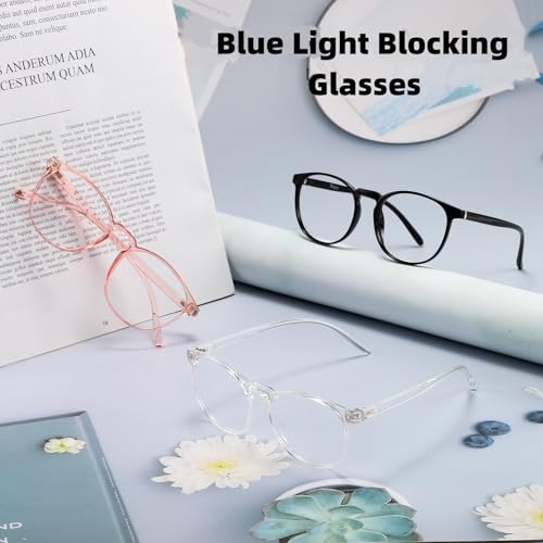 Image of Przene Round Blue Light Blocking Glasses for Women Men Black /Crystal /Pink | Filter Blue Ray,Computer Gaming Glasses,Anti Eye Strain,Anti Glare,UV Protection,Lightweight TR Frame,Watch TV,Phone,Retro