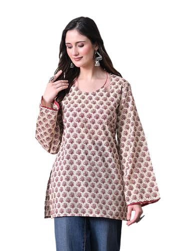 Image of MEERA FAB Women Cotton Printed A-Line Tunic Top with Square Neck | Floral Printed Halter Strap Detail & Bell Sleeves | Short Kurti for Women