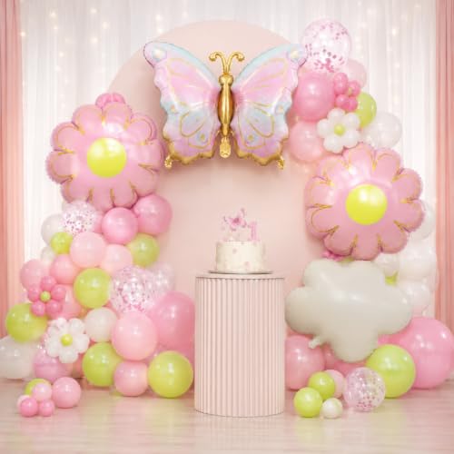 Image of Wanna Party Pastel Butterfly Foil Balloon Set of 5, Butterfly, Pink Daisy Flower and White Cloud Balloons for Birthday, Baby Shower, Newborn Welcome & Garden Theme Party Decoration