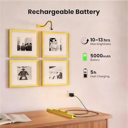 Image of Picture Light 3Pack- 16in Picture Lights for Wall, 5000mAh Wireless Rechargeable Battery Picture Lights, Wall Light, Art Display Light for Gallery Artwork, Paintings, Portraits, Dartboards- Gold