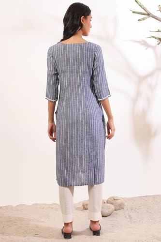 Image of Aurelia Women's Grey Yarn Dyed Cotton Blend Straight Kurta
