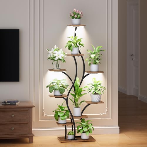 Image of Plant Stand Indoor with Grow Lights - Lighted Plant Shelf Indoor, 64.5 inch Tall Corner Plant Stands for Indoor Plants, 9 Tiered Tree-Shaped Flower Shelf Metal Holder for Living Room, Bedroom, Black