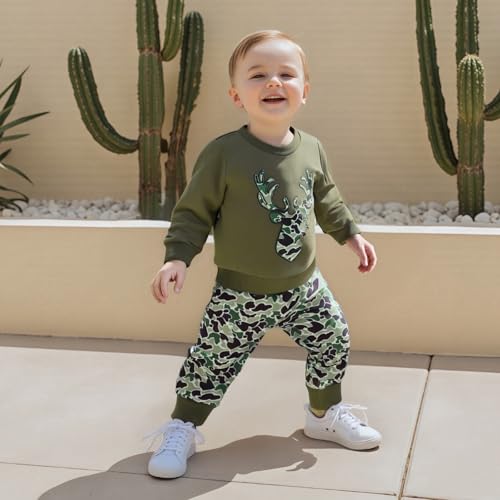 Fernvia Toddler Baby Boy Fall Hunting Clothes Wild Goose Fish Deer Print Sweatshirt Elastic Camouflage Pant Winter Outfits3