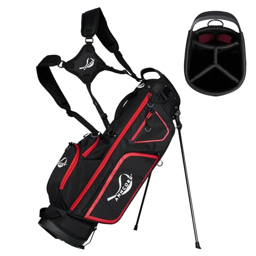 Anncord Golf Stand Bag with 4 Way Full Length Dividers, 4.4 Lbs Lightweight Golf Bag for Men Women, Waterproof Golf Carry Bags w/Stand, 7 Pockets & Cooler Pouch, Dual Straps, Rain Hood (Red)