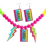 JATEBI 80s Neon Earrings 80s Outfits Costume Accessories for Women Neon Jewelry Set Beaded Necklaces with Lightning Earrings Retro Glow Disco Party Favors