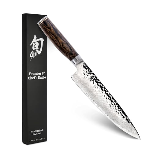 Shun Premier 8' Chef's Knife, Handcrafted Japanese Kitchen Knife for Professional and Home Chefs, VG-MAX Core with Damascus Stainless Steel Cladding, Pakkawood Handle